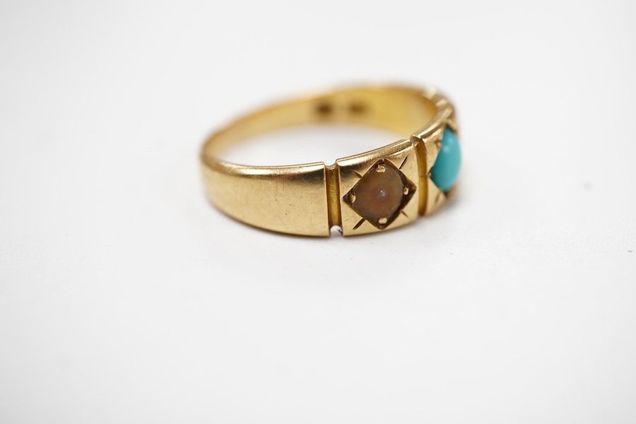 A turquoise and pearl ring, late 19th century, mounted in gold, size N, maker's mark, stamped 18, gross weight approximately 4 grams, pearls untested